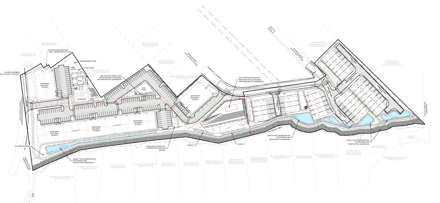 LIVA site plan showing five apartment buildings, townhomes, clubhouse, pool, bike barn, and dog walk